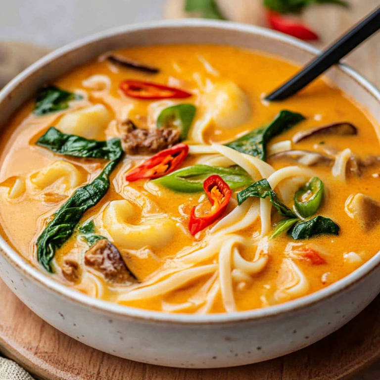 Leckere Asiatische Kokos-Curry-Suppe mit Reisnudeln