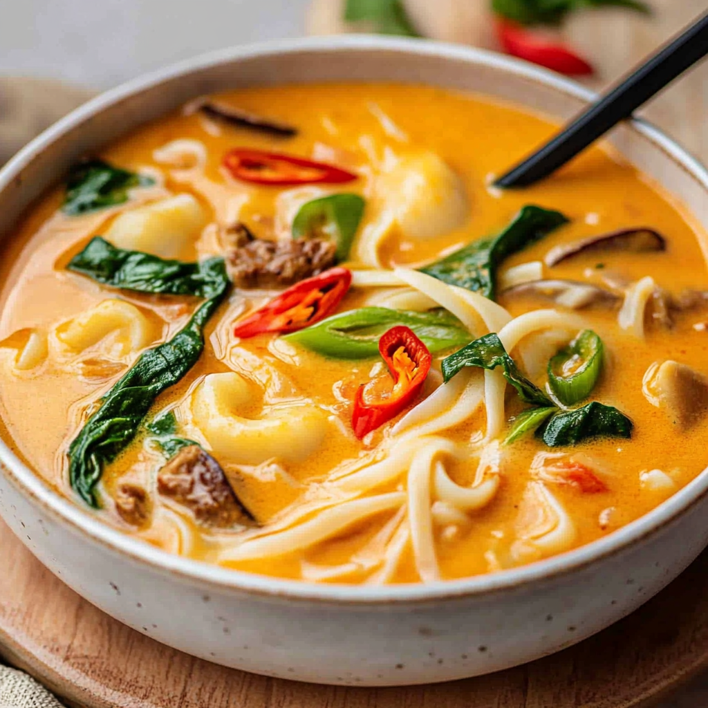 Leckere Asiatische Kokos-Curry-Suppe mit Reisnudeln