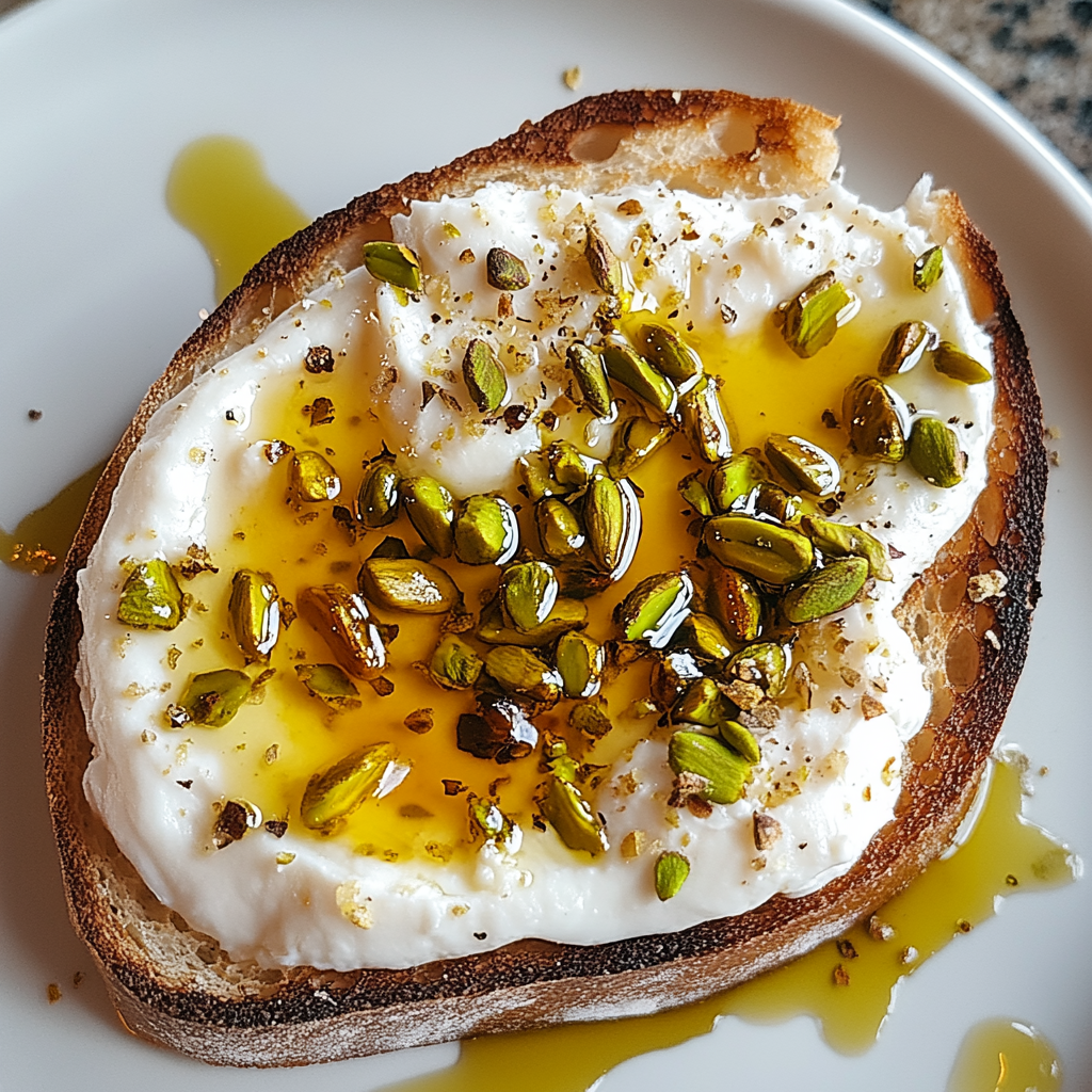 Verführerisches Burrata-Toast mit Pistazien und heißem Honig