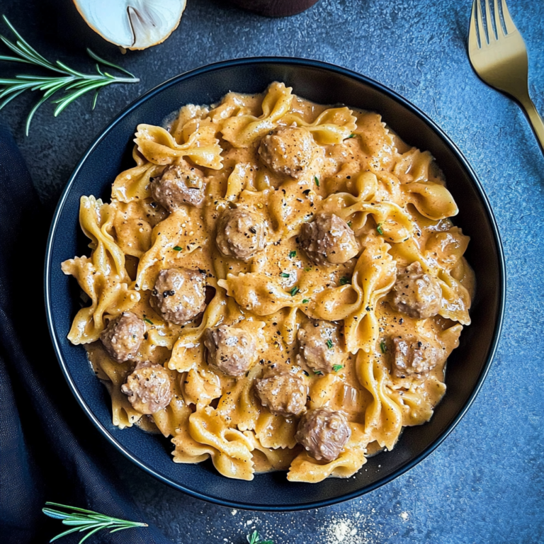 Cremige Pasta in Pilze-Sahne-Sauce mit Hackfleischbällchen