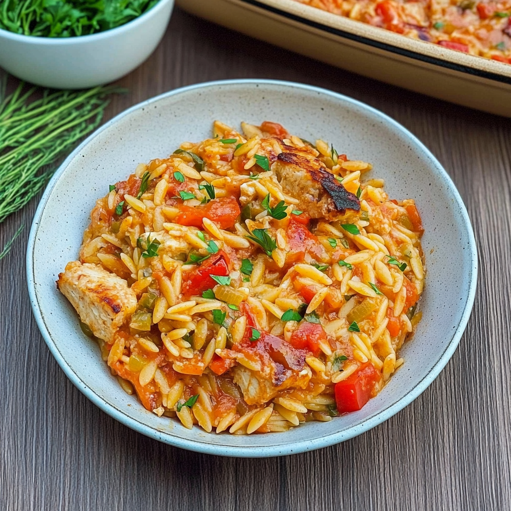 Verführerisches Paprika Sahne Hähnchen mit Orzo Nudeln