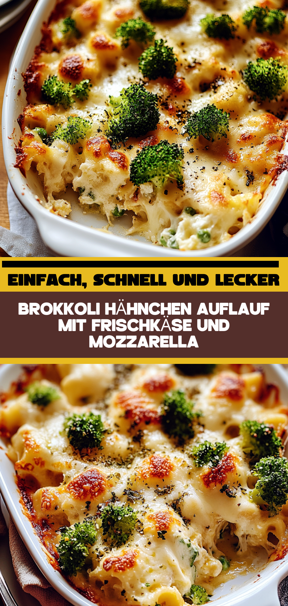 Brokkoli Hähnchen Auflauf mit Frischkäse und Mozzarella
