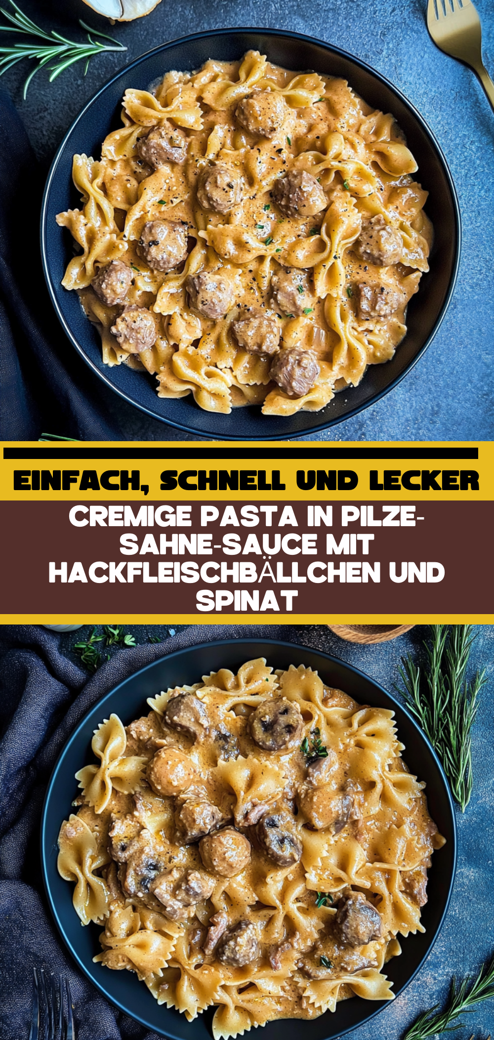 Cremige Pasta in Pilze-Sahne-Sauce mit Hackfleischbällchen