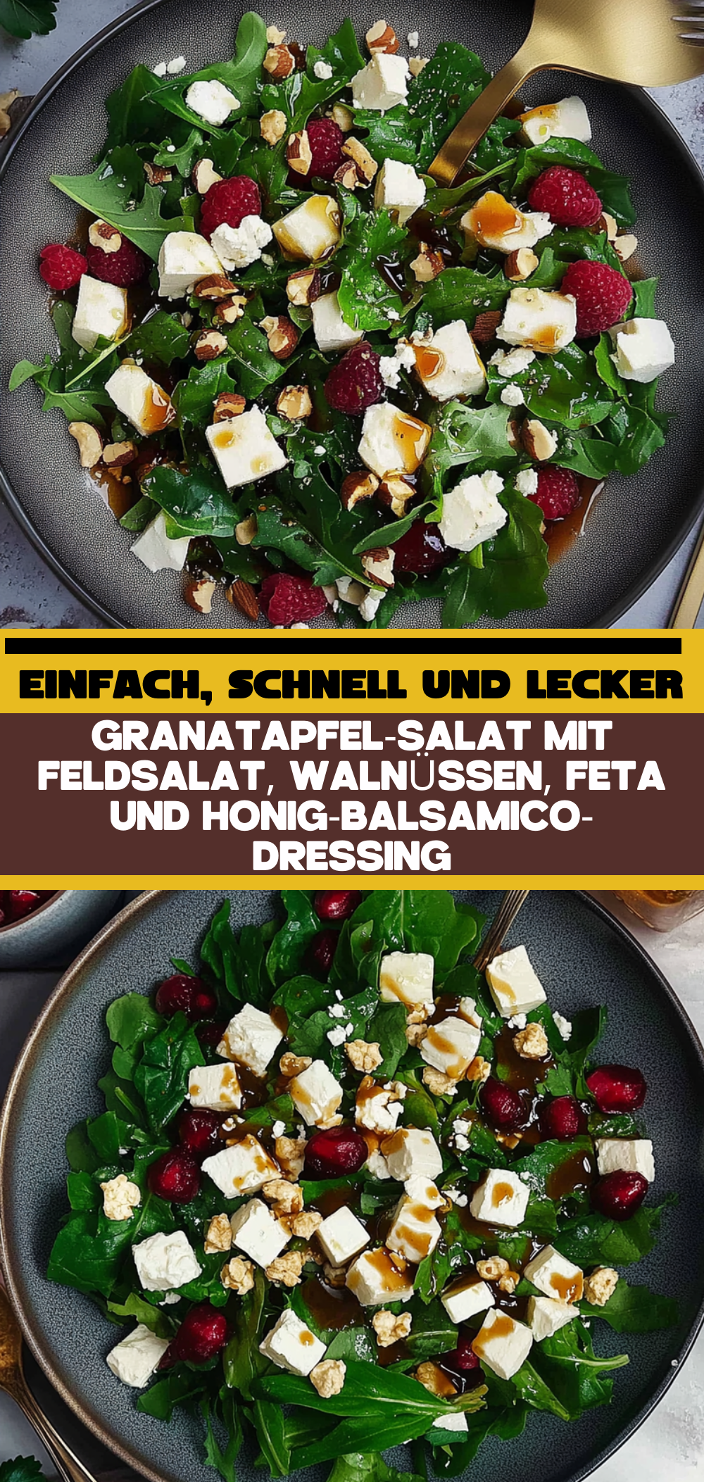 Granatapfel-Salat mit Feldsalat, Walnüssen, Feta und Honig-Balsamico-Dressing