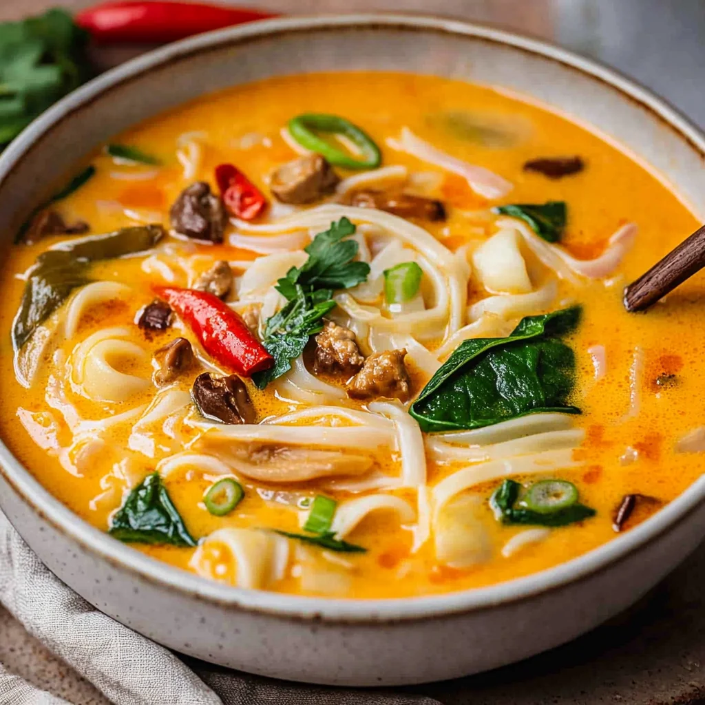 Asiatische Kokos-Curry-Suppe mit Reisnudeln: Exotischer G…
