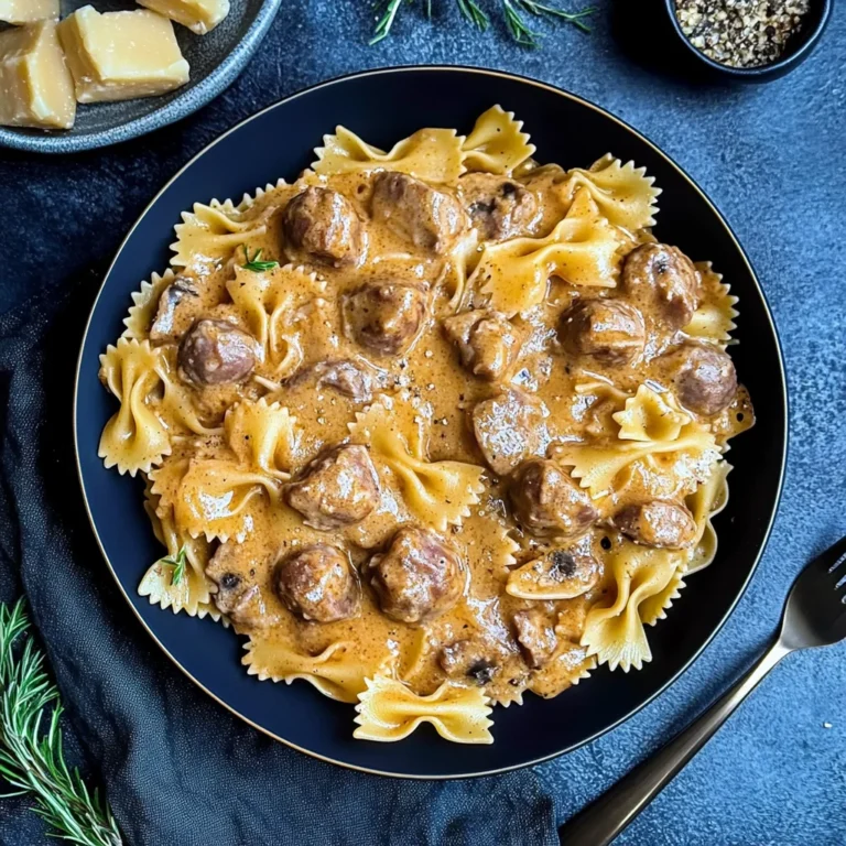 Cremige Pasta in Pilze-Sahne-Sauce mit Hackfleischbällche…