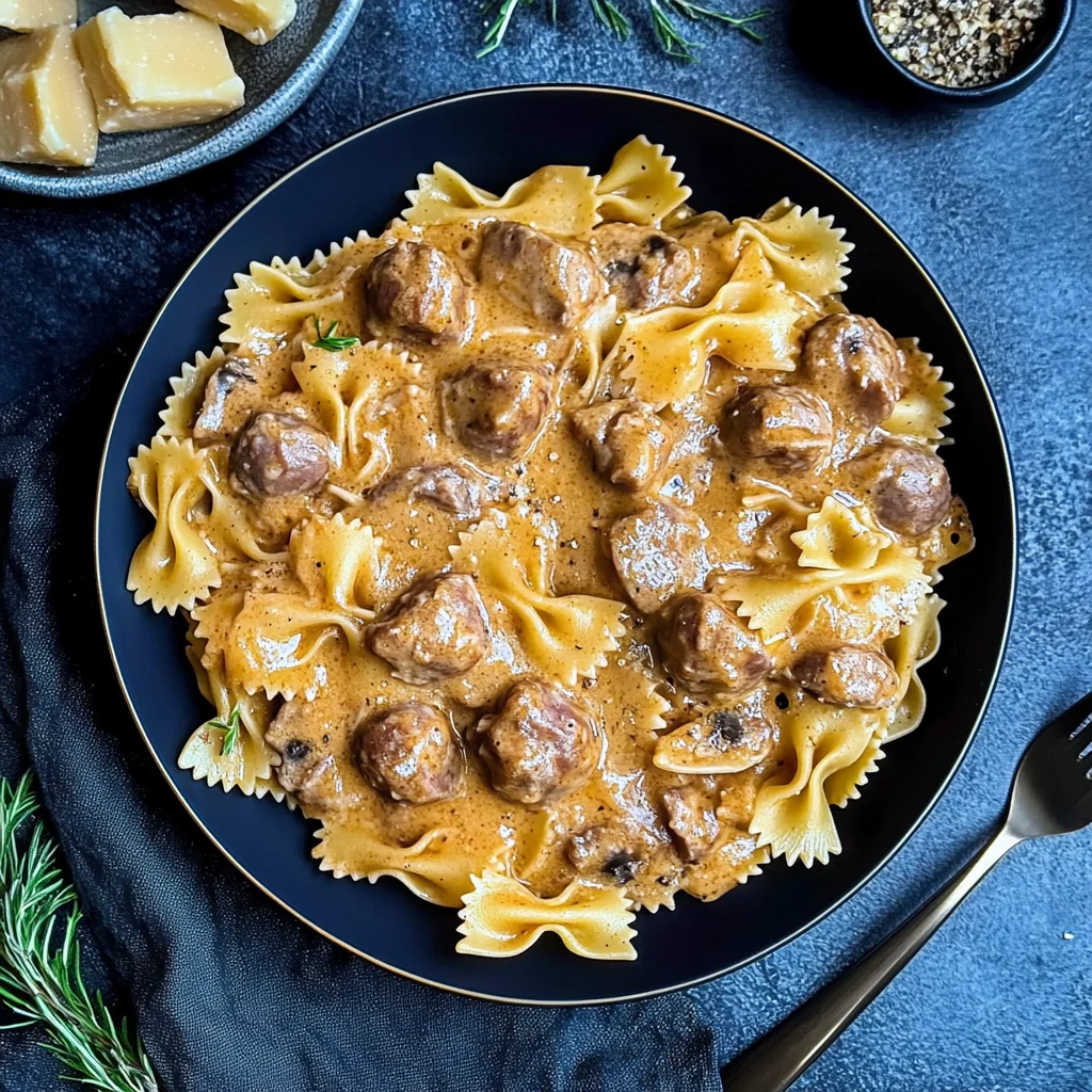 Cremige Pasta in Pilze-Sahne-Sauce mit Hackfleischbällche…