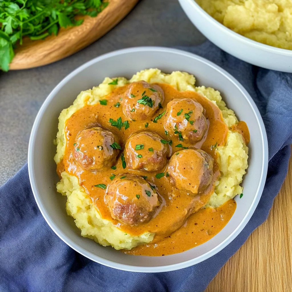 Hackbällchen in cremiger Sauce mit Kartoffelpüree: Ein Ge…